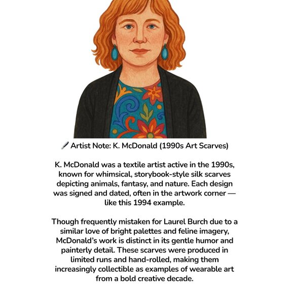K. McDonald 1994 Vintage Silk Scarf – Cat & Fishbowl Christmas Scene, 36”x36”, S - Picture 4 of 6